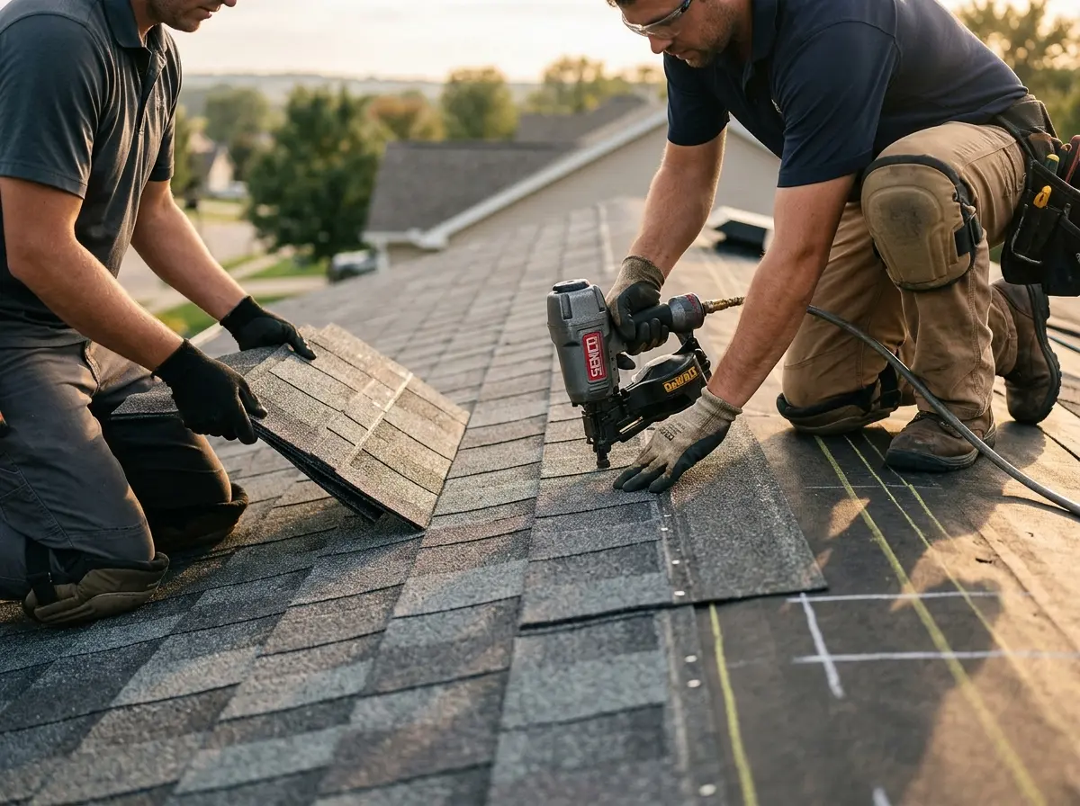Professional roofer working on a residential roof in Fergus Falls